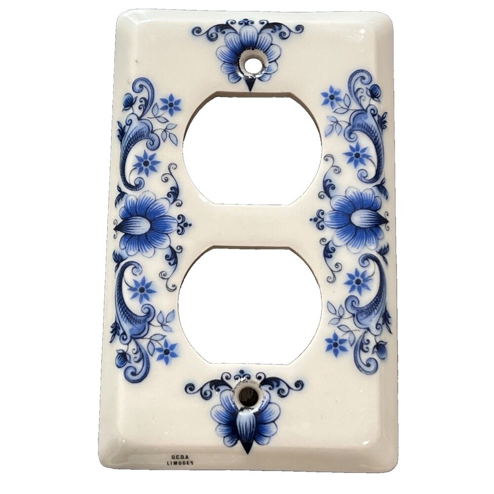 Limoges France Porcelain Outlet Cover Wall Plate Blue White Floral Vintage